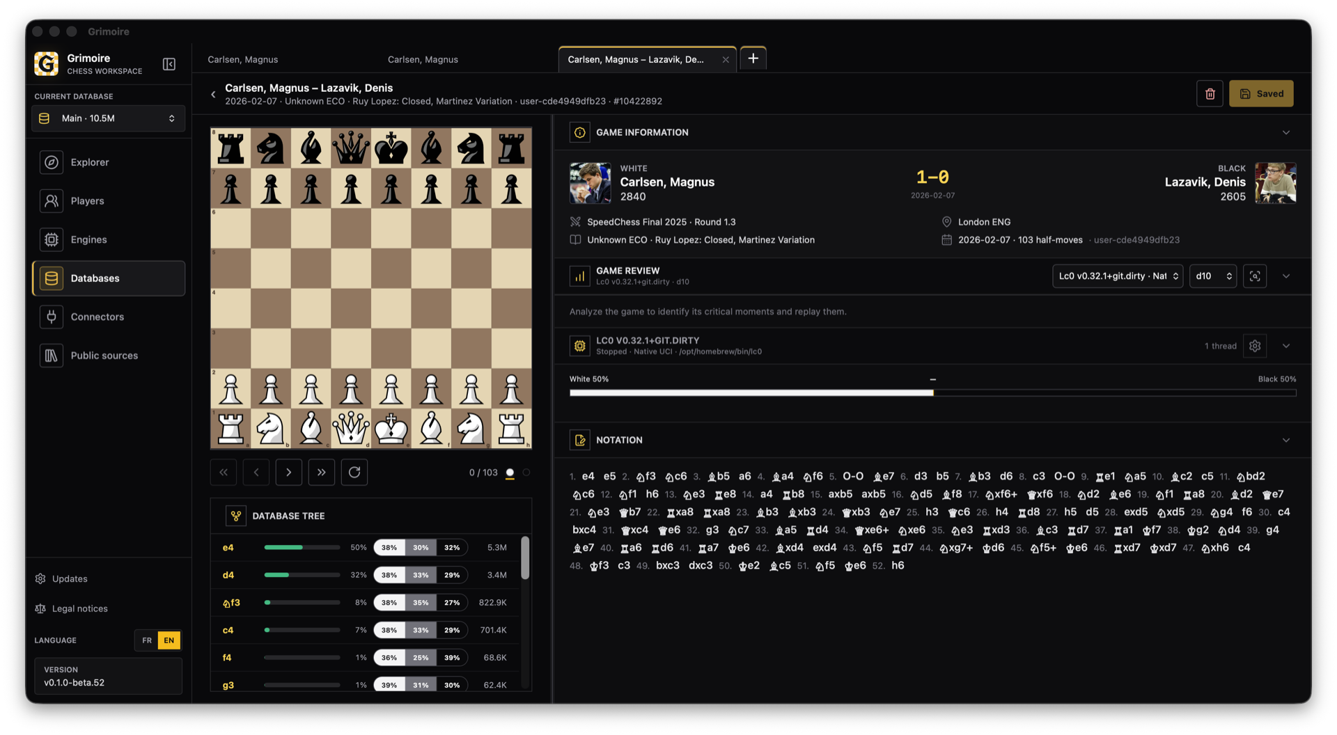 Actual game detail and analysis screen in Grimoire