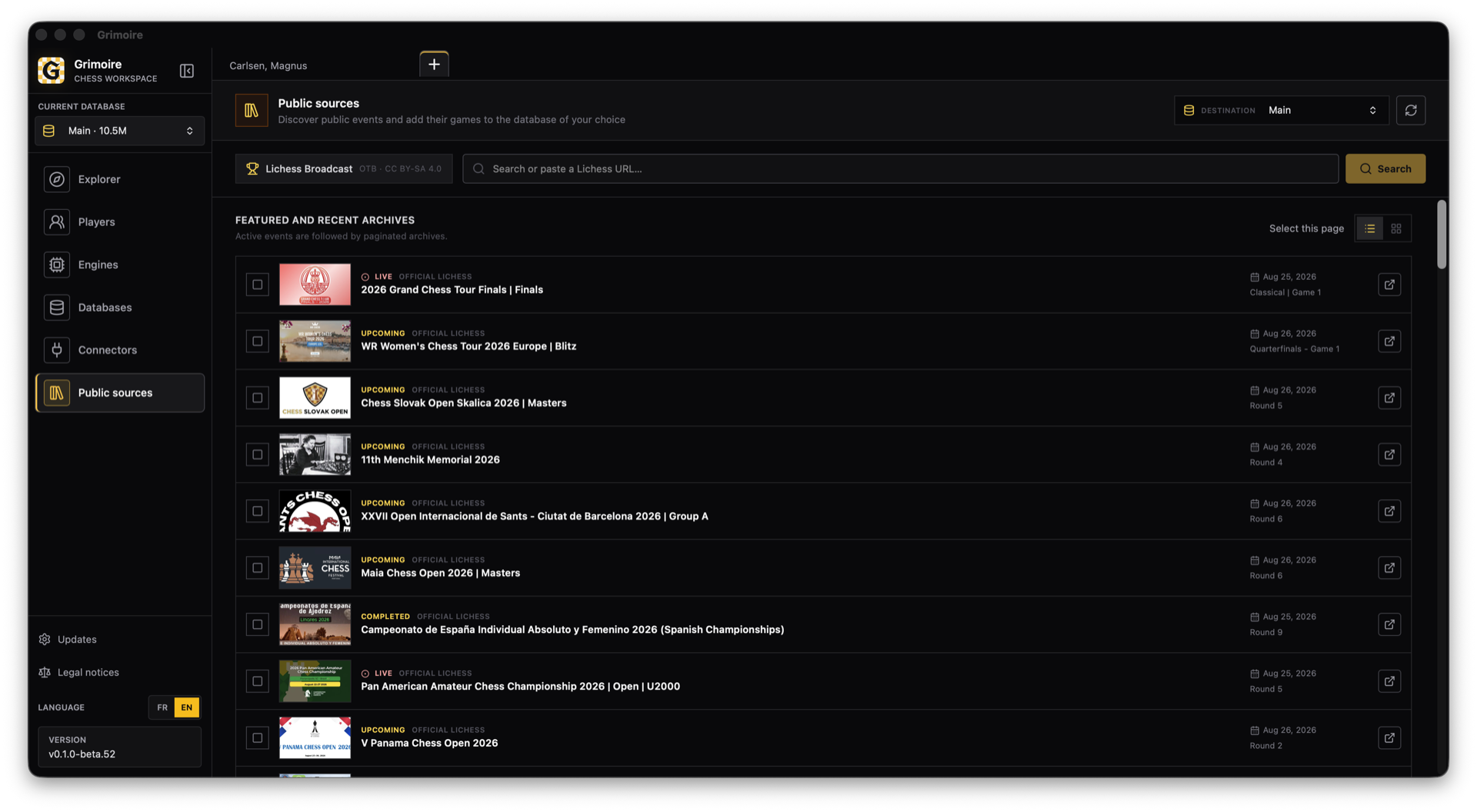 Actual Grimoire public sources screen