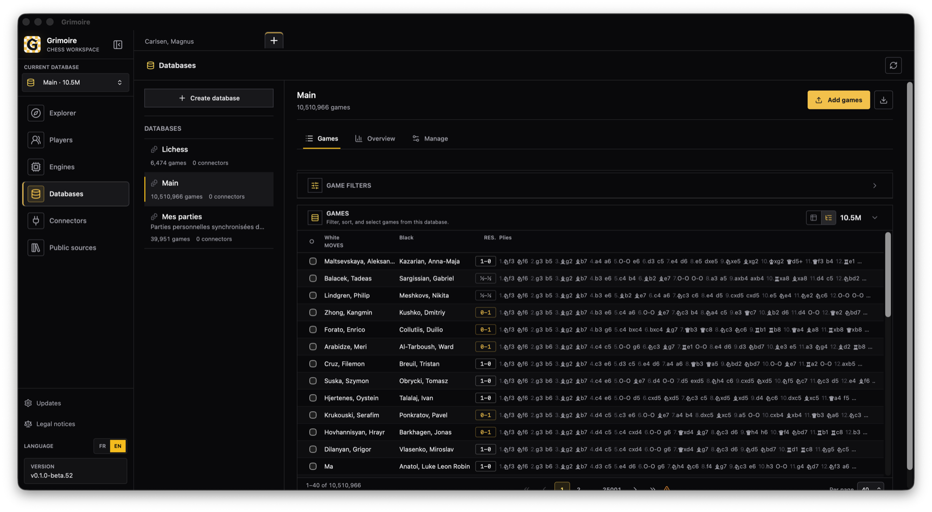 Actual Grimoire database management screen