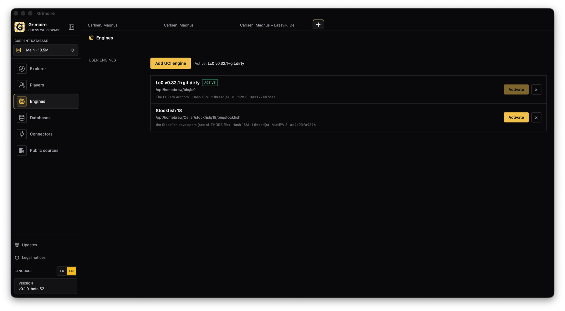 Actual chess engine management screen in Grimoire